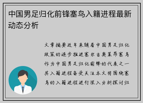 中国男足归化前锋塞鸟入籍进程最新动态分析