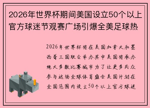 2026年世界杯期间美国设立50个以上官方球迷节观赛广场引爆全美足球热潮