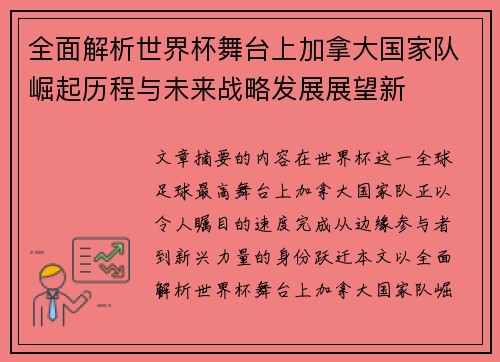 全面解析世界杯舞台上加拿大国家队崛起历程与未来战略发展展望新